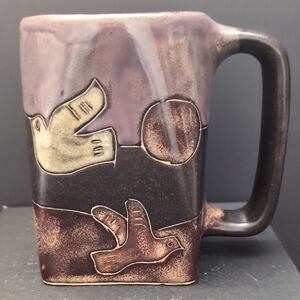 Mexican Pottery/Stoneware Handmade Purple/Brown Flying Birds Mug.